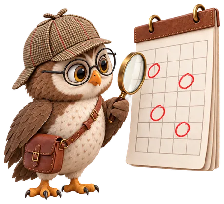 Búho detective examinando un calendario con una lupa